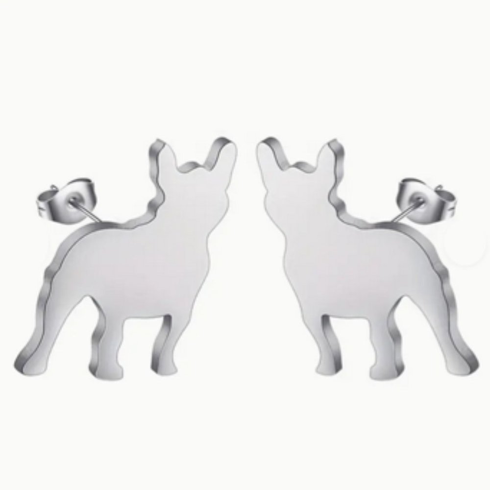 Stainless Steel French Bulldog Stud Earrings In Silver